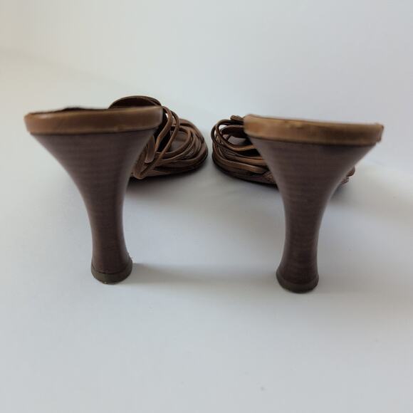 Auth Chanel Brown Leather Strappy Slides Heels Mules Sandals Spellout Size 37 - Picture 7 of 12
